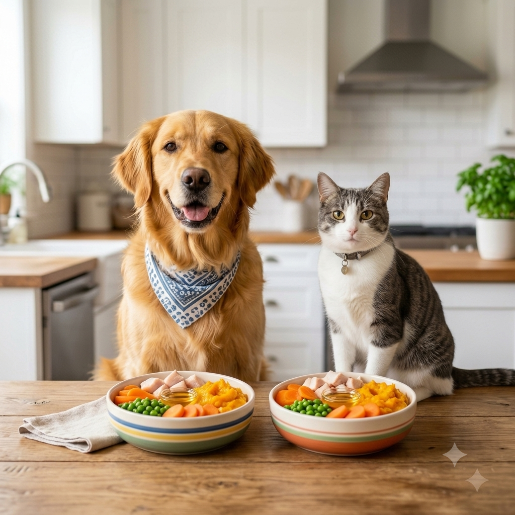 Happy Golden Retriever and cat next to fresh pet food bowls